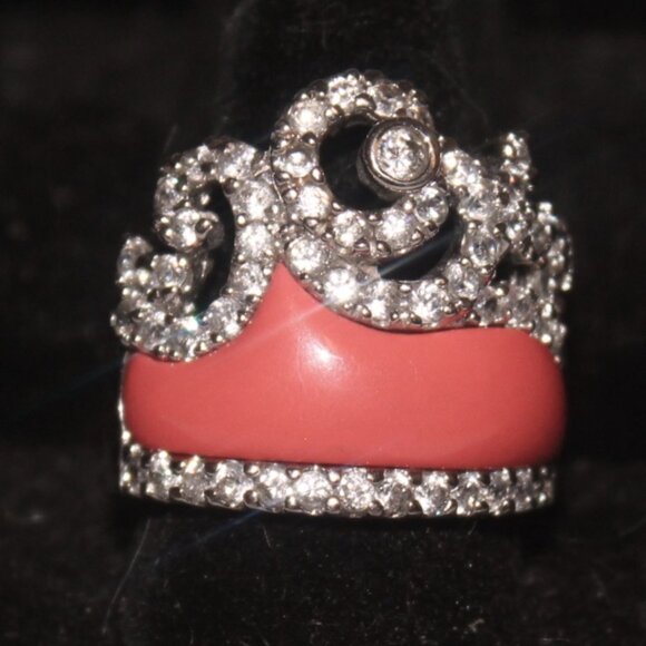Rare 925 Sterling Heavy Coral Stones CZ or Sapphires Princess Crown Ring - Picture 1 of 10